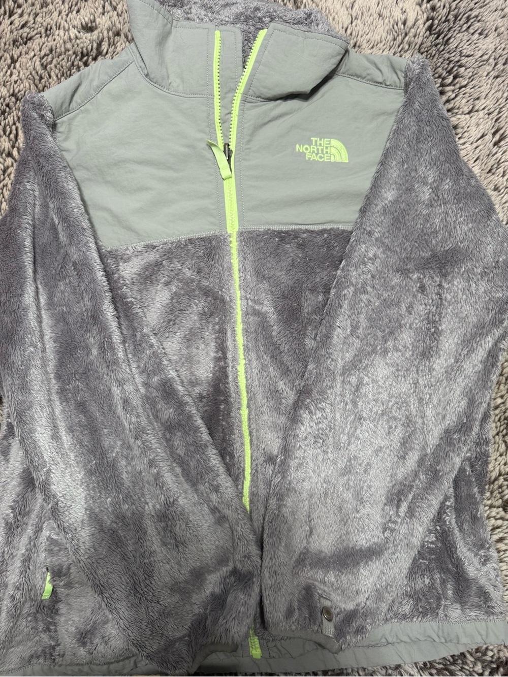 The North Face Gray Plush Fleece Jacket with Neon Green Zipper